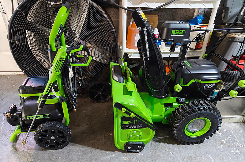 We also have solar charged lawn equipment. The GreenWorks Pro 60v line is amazing! electric power washer & electric 2-stage snowblower